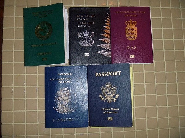  Passports of various nations, including Denmark, top right; New Zealand, top middle; and the United States, bottom right. 